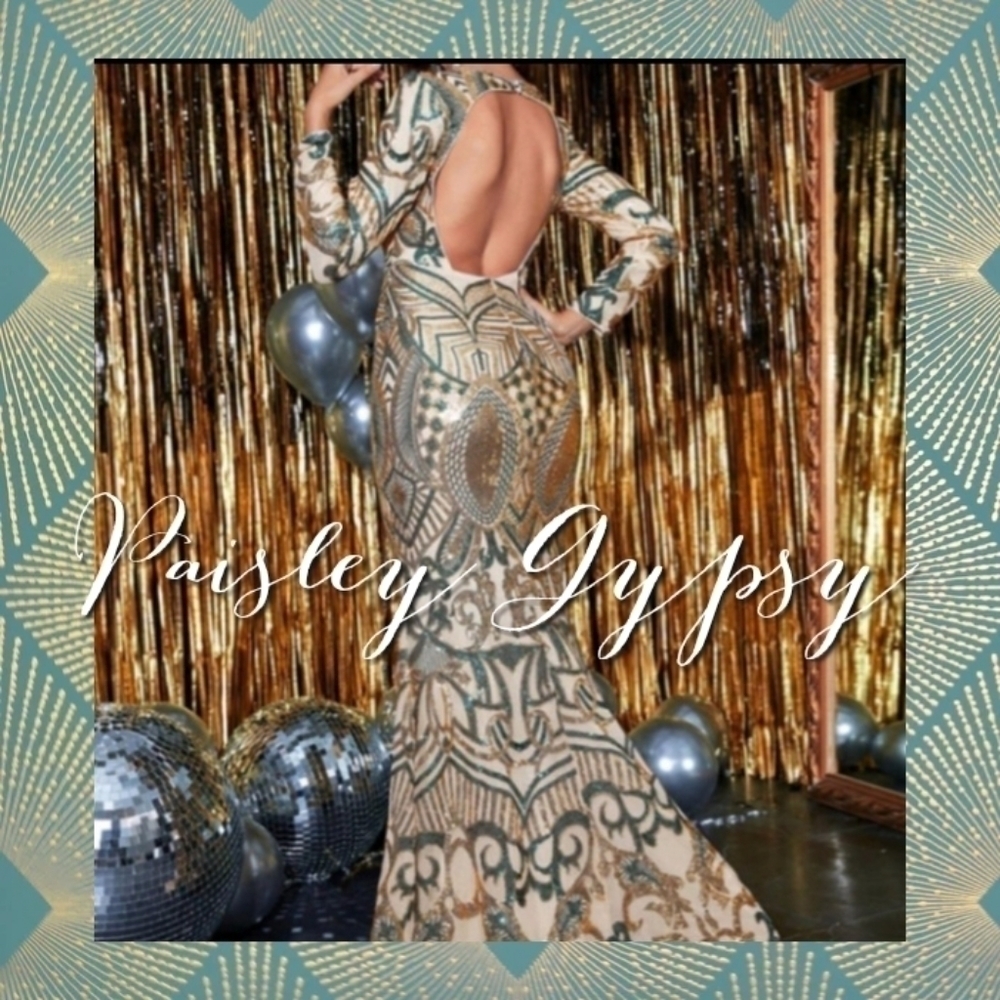 Teal and Gold Long Sleeve Backless Mermaid Contrast Sequin Formal Gown - Picture 3 of 9